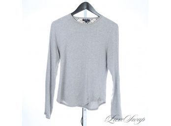 SUNDAY MORNINGS : WOMENS BURBERRY LONDON HEATHER GREY TARTAN NOVACHECK ELBOW PATCH CREWNECK SHIRT L