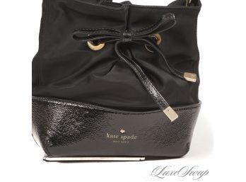 #26 THIS IS SUPER CUTE! NEAR MINT KATE SPADE BLACK PATENT LEATHER AND FABRIC DRAWSTRING SMALL CROSSBODY BAG