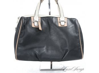 #15 AN IMPRESSIVE AND RECENT COACH BLACK LEATHER TRI TONE NUDE AND WHITE TRIM SOFT NAPPA SPEEDY BAG