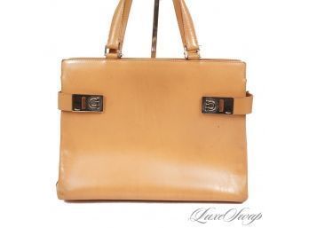 #30 $2000 SALVATORE FERRAGAMO MADE IN ITALY NATURAL LIGHT CAMEL LEATHER DOUBLE GANCINI LOCK 2 STRAP TOTE BAG