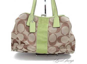 #11 HUGE 16' COACH MAXI CC MONOGRAM JACQUARD CANVAS AND LIME GREEN LEATHER TRIM TRIPLE COMPARTMENT BAG