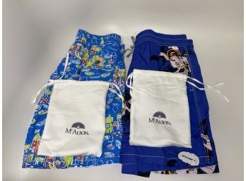 #8 MENS LOT OF 2 NWT $200 McALSON MADE IN ITALY ROYAL BLUE CITY & LICHTENSTEIN PRINT BATHING SUITS SIZE XXL