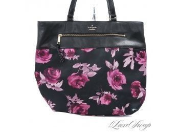 #12 HUGE 15' KATE SPADE NEW YORK BLACK SATIN AND PURPLE PINK FLORAL PRINTED LEATHER TOP 2 STRAP TOTE BAG