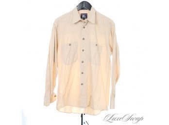 MENS BURBERRY LONDON MADE IN USA ECRU HORN BUTTON DOWN SHIRT WITH HUGE PRORSUM KNIGHT LOGO M