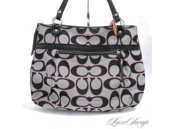 #17 HUGE AND I MEAN BIG COACH GREY JACQUARD CANVAS BLACK MAXI CC PINK GLITTER TRIMMED MONOGRAM 18' BAG