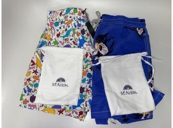 #9 MENS LOT OF 2 McALSON MADE IN ITALY ROYAL BLUE LICHTENSTEIN  & RAINBOW CARTOON BATHING SUITS SIZE XXL