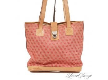 #23 DOONEY AND BOURKE STRAWBERRY PINK MONOGRAM DB CANVAS AND VACHETTA LEATHER TRIM TWO STRAP TOTE BAG