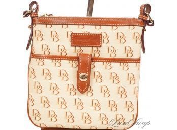 #27 NEAR MINT DOONEY AND BOURKE RECENT CREAM JACQUARD CANVAS ALLOVER DB MONOGRAM FLAT THIN CROSSBODY BAG