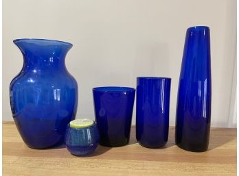 FANTASTIC COLOR! LOT OF 5 TOTAL COBALT BLUE VASES AND VOTIVE