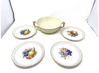 LOT OF 4 SCHUMANN LACE EDGE FOOD PLATES & LARGE TIELSCH-ALTWASSER 'CHRISTINE' HANDLED SERVING BOWL