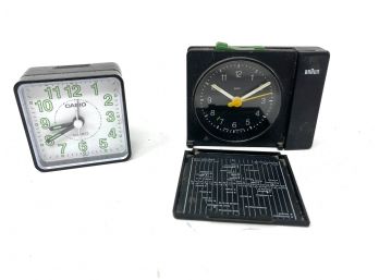 TRAVEL READY!! LOT OF 2 VINTAGE CASIO MINI CLOCK & BRAUN TRAVEL ALARM CLOCK