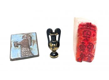 THE FULL SILK ROAD! LOT OF CHINESE STAMP, MINI GREEK VASE, & THYSSEN KERAMIK DENMARK PORCELAIN TILE OBJECTS