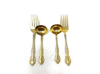 GILT DINING : LOT OF 2 HOME CONCEPTS GOLD COLOR GILDED FORK & SPOONS - 2 MONOGRAMMED E, 2 MONOGRAMMED J