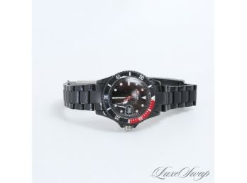 #2 BRAND NEW W/O BOX DESIGNER DEL TEMPO BLACK STRAP AND BLACK DIAL / RED BEZEL SUBMARINER STYLE QUARTZ WATCH