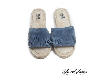 KARL LAGERFELD PARIS DENIM BLUE SUEDE FRINGED ESPADRILLE SLIDES