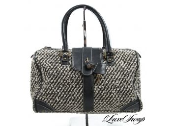 PERFECT FOR FALL J. CREW BLACK/CREAM/GOLD TWEED BLACK LEATHER PIPED SPEEDY BAG