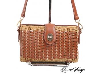 AN ADORABLE J. MCLAUGHLIN WICKER AND LEATHER BASKETWEAVE PICNIC HANDBAG