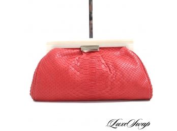 AUTHENTIC OSCAR DE LA RENTA GENUINE PYTHON SKIN STRAWBERRY RED FRAME CLUTCH BAG