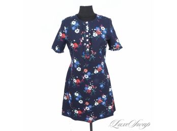 BRAND NEW WITH TAGS $358 TORY BURCH 'MIRANDA PANSY BOUQUET' NAVY ALLOVER FLORAL CAP SLEEVE DRESS L