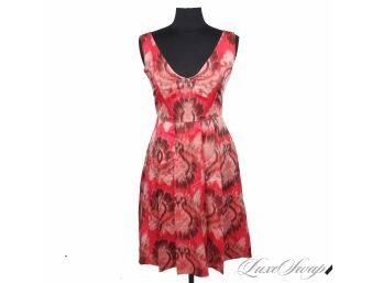 SUMMER SUNSET READY! TORY BURCH SILK BLEND CORAL / MAGENTA PINK IKAT PRINT FLORAL PLEATED DRESS 6