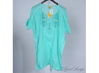 BRAND NEW WITH TAGS $135 ROBERTA ROLLER RABBIT TIFFANY CARIBBEAN BLUE SHEER EMBROIDERED CAFTAN TOP M