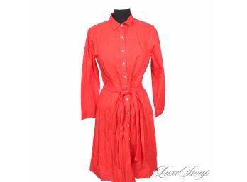 INSANELY GOOD J. CREW BRIGHT TOMATO RED POPLIN LONG SLEEVE BELTED SHIRT DRESS 10