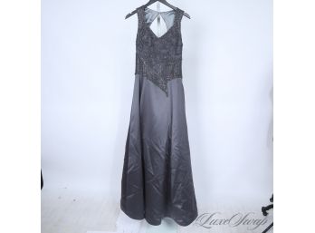 MULTI THOUSANDS JOVANI NEW YORK TAHITIAN PEARL GREY DUCHESS SATIN EMBROIDERED TOP EVENING GOWN 12