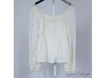 HOT GIRL SUMMER HERE YOU COME! AMAZING FREE PEOPLE WHITE VOILE LACE SHREDDED HEM BOHO SHIRT S