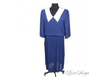 REALLY CUTE AND FANTASTIC CONDITION VINTAGE 1980S EPITOME ROYAL BLUE AND WHITE COLLAR/CUFF TRIM DRESS 14