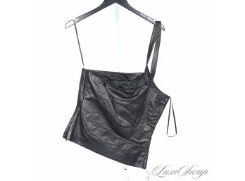 #552 BRAND NEW WITH TAGS LATINI / MARIA VITTORIA FIRENZE BLACK LEATHER RUCHED ONE SHOULDER SHIRT 46