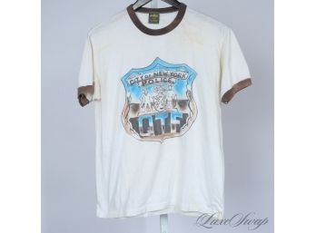 INSANELY GOOD VINTAGE 1980S ECRU AND BROWN RINGER TRIM 'CITY OF NEW YORK POLICE' AIRBRUSH TEE SHIRT L