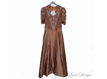 MULTI THOUSANDS VINTAGE JOVANI NEW YORK CHOCOLATE BROWN DUCHESS SATIN FULLY EMBROIDERED TOP GOEN FITS XL