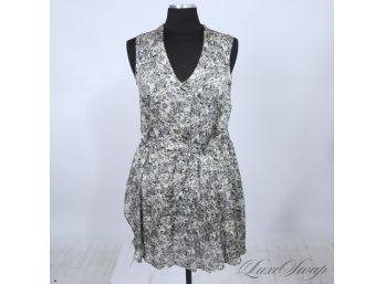 SPRING PERFECT OLIVIER THEYSKINS FOR THEORY 100 PERCENT SILK GREY WATERCOLOR MOTTLED FLORAL DRESS M