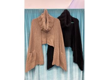 Lot X 2 Tan & Black Knitted Shawl Wrap  With Turtleneck And Pockets One Size