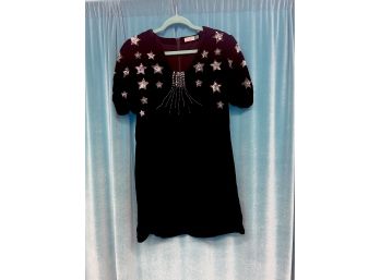 Vintage Bixo Black Velvet Sequin Starburst Embellished Babydoll Evening Cocktail Dress Size M