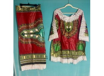 New With Tags 3PC Set African Red Classic Dashiki Print  Tunic Top Scarf And Skirt With White Lace Trim