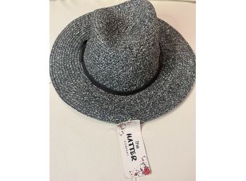 New With Tags The Hatter Company Greyed Blue Speckled Paper Straw Hat With Buckled Band Trim