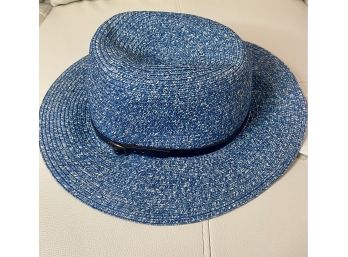 New With Tags The Hatter Company Blue Speckled Paper Straw Hat With Buckled Band Trim