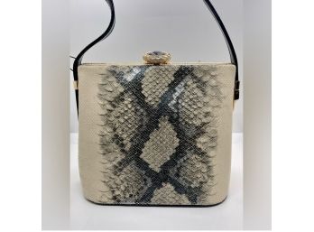 New With Tags Light Beige And Black Snakeskin Print French Frame Jeweled Handbag