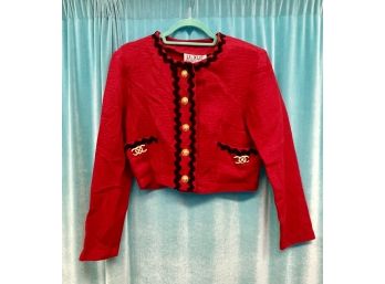 Vintage 80s La Belle Red Tweed Black Trim Gold Button Chanel Inspired Jacket Size 11