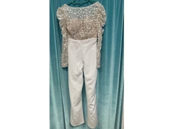 Anonymous Vintage  White Beaded On Tulle And Gaberdine Bottom Evening Pant Suit Size M/L