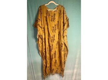 New With Tags Mustard Brown Tribal Scene Print Fringe Tunic Dress One Size