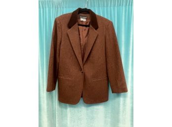Vintage Sag Harbor One Button  Rust Brown Flannel Tweed  With Velvet Collar  Jacket Size 8