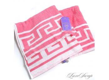 BEACH READY! LOT OF 2 AUTHENTIC VERSACE X H&M LIKE NEW CORAL PINK GREEK KEY TERRYCLOTH TOWELS