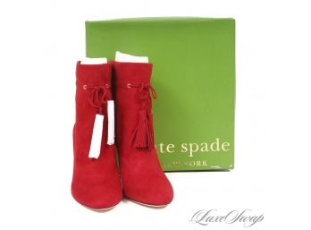 BRAND NEW IN BOX KATE SPADE 'DILLANE' RUBY RED SUEDE DRAWSTRING TIE BOOTIES - SO HOT! 9.5