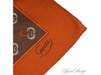 RARE FIND! VINTAGE 1980S GUCCI MADE IN ITALY COPPER SILK HORSESHOE MONOGRAM SMALL SCARF OR POCKET SQUARE