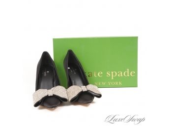 MEGA EXPENSIVE BRAND NEW IN BOX KATE SPADE 'VIENA' BLACK SATIN PUMPS WITH GIANT CRYSTAL BOW! 7.5