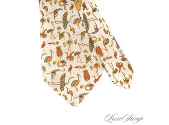 GORGEOUS COLOR : SALVATORE FERRAGAMO MADE IN ITALY BUFF SILK MENS TIE WITH PELICANS AND BIRDS