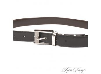 EXPENSIVE! AUTHENTIC MONTBLANC MENS REVERSIBLE BLACK AND BROWN LEATHER SILVER BUCKLE DRESS BELT