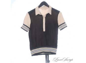 BRAND NEW WITHOUT TAGS MICHAEL KORS COLLECTION MADE IN ITALY SAND RAT PACK STRIPE LUXURY KNIT POLO SHIRT S